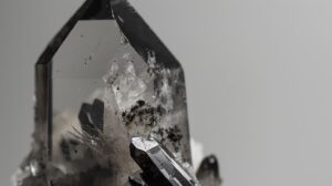 Un gros plan d'un cristal de quartz clair avec des inclusions minérales visibles comme la tourmaline, l'hématite et le rutile, mettant en valeur sa transparence naturelle et ses détails complexes.