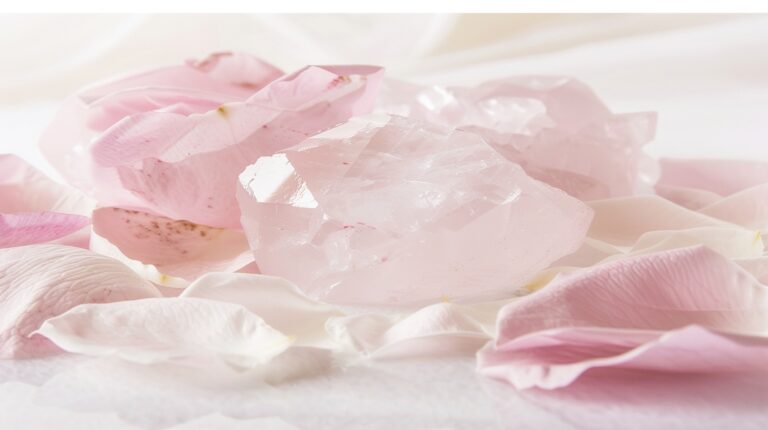 Une image sereine mettant en vedette un délicat morceau de quartz rose niché parmi des pétales doux, rayonnant une douce lumière rose, symbolisant l'amour, la guérison et le bien-être émotionnel.